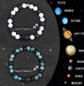 Set of two natural stone beaded bracelets showing zodiac sign designs on an adjustable cord.
