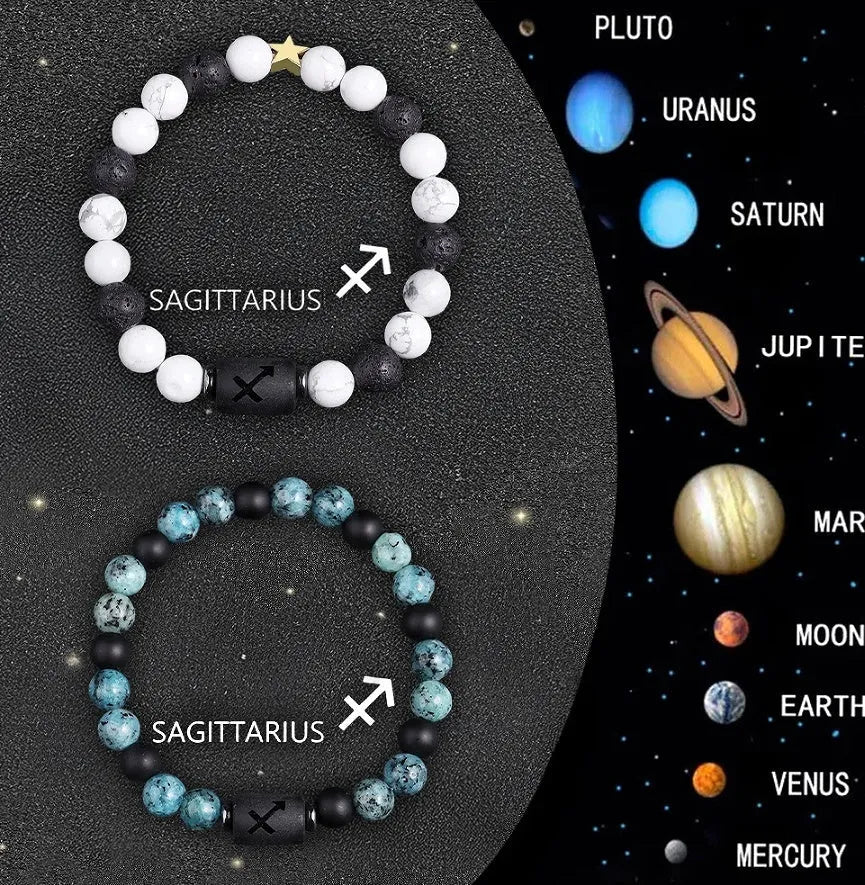 Set of two natural stone beaded bracelets showing zodiac sign designs on an adjustable cord.