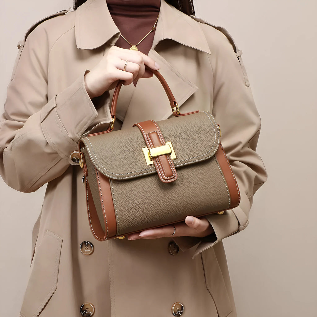 Genuine leather one-shoulder handbag in elephant gray, first layer cowhide, 24cm wide, horizontal square shape, contrast colour details