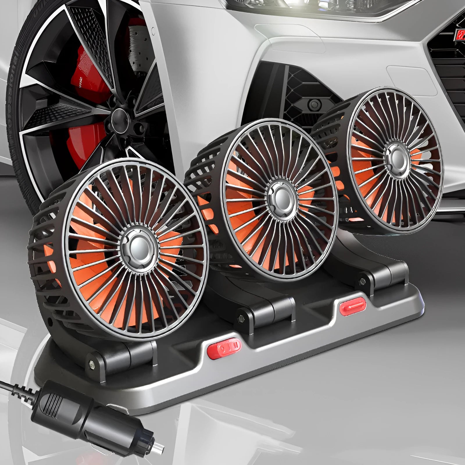 Three-head automotive electric cooling fan with ABS housing for car cabin use