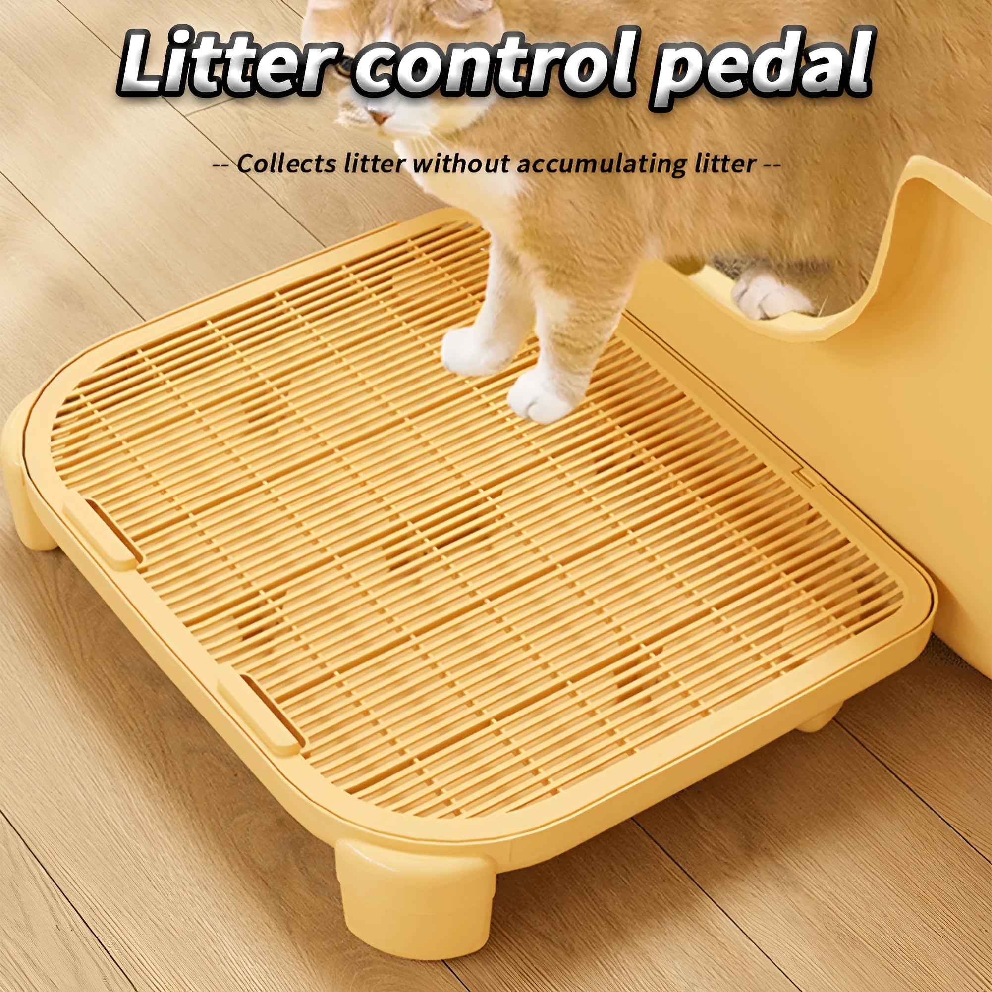 Milk yellow rectangular cat litter mat on floor with textured surface and anti-slip feet