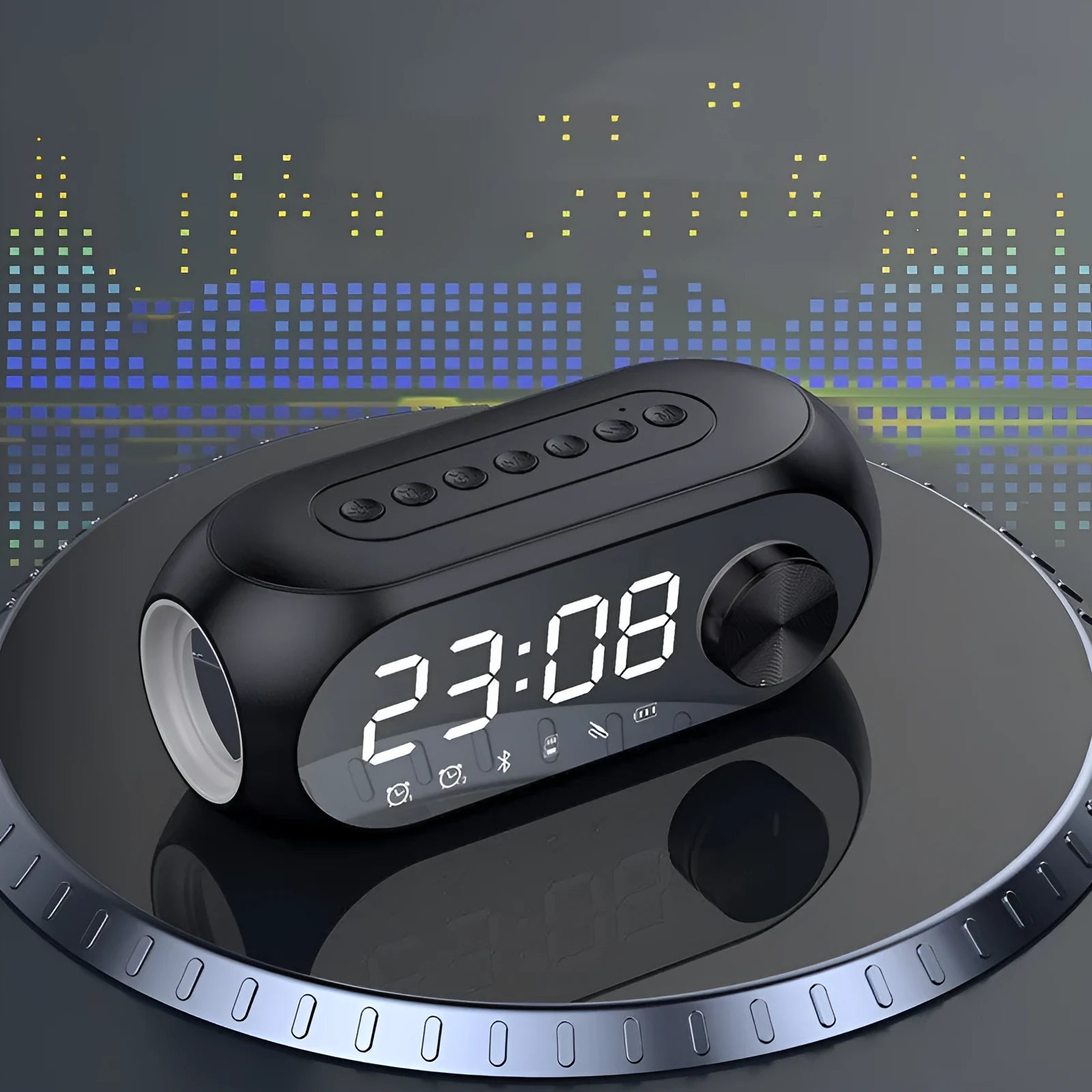 Extra Bass S8 portable mini Bluetooth speaker with digital clock display in black, blue, or white.