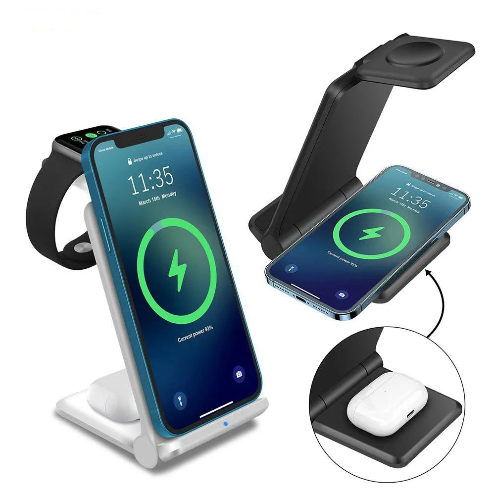 Black and white 3-in-1 wireless charging station for phones, Apple Watch and AirPods with foldable design