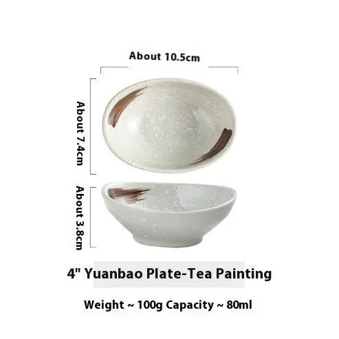 Oval Japanese ceramic sauce dipping bowl with Edo pattern design on underglaze surface