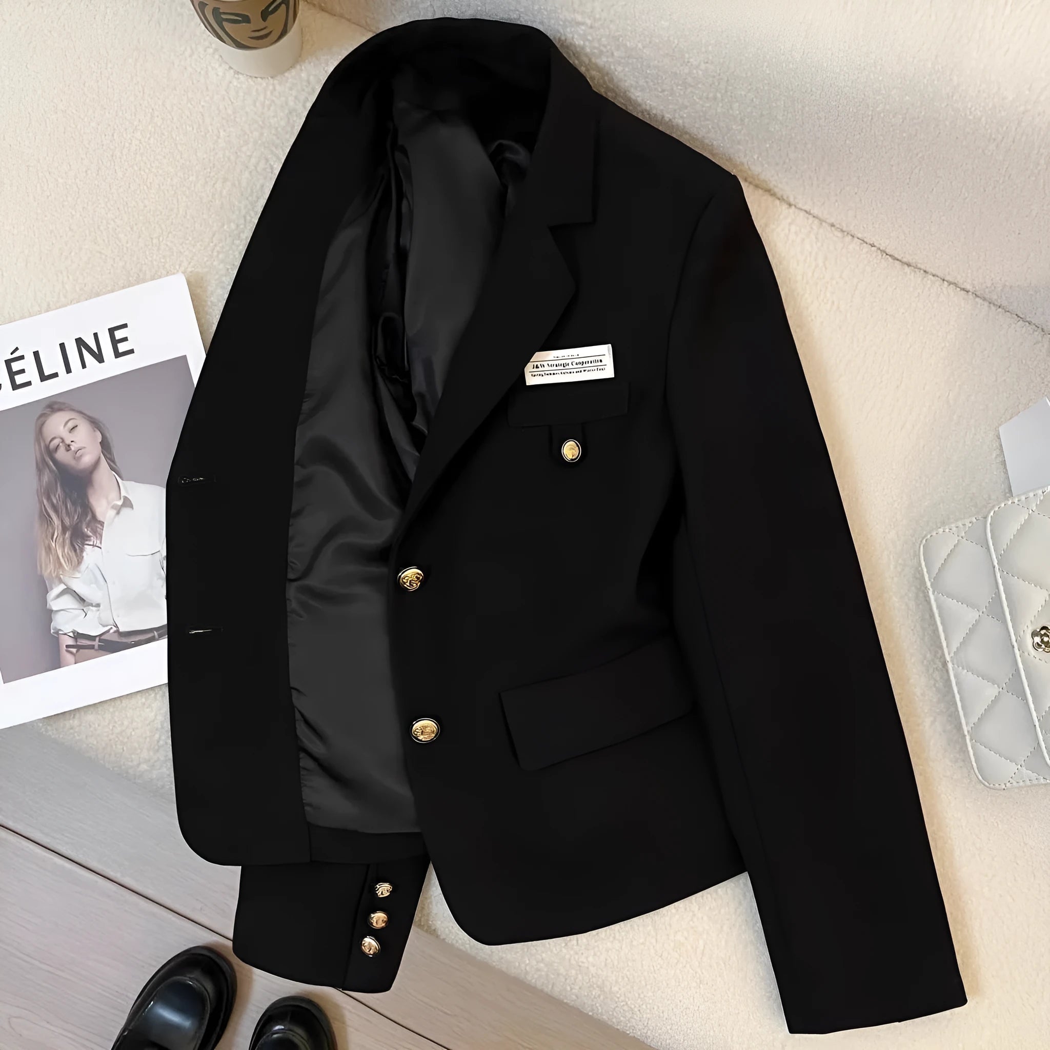 Black women's loose-fit short suit coat with long sleeves and a pocket.