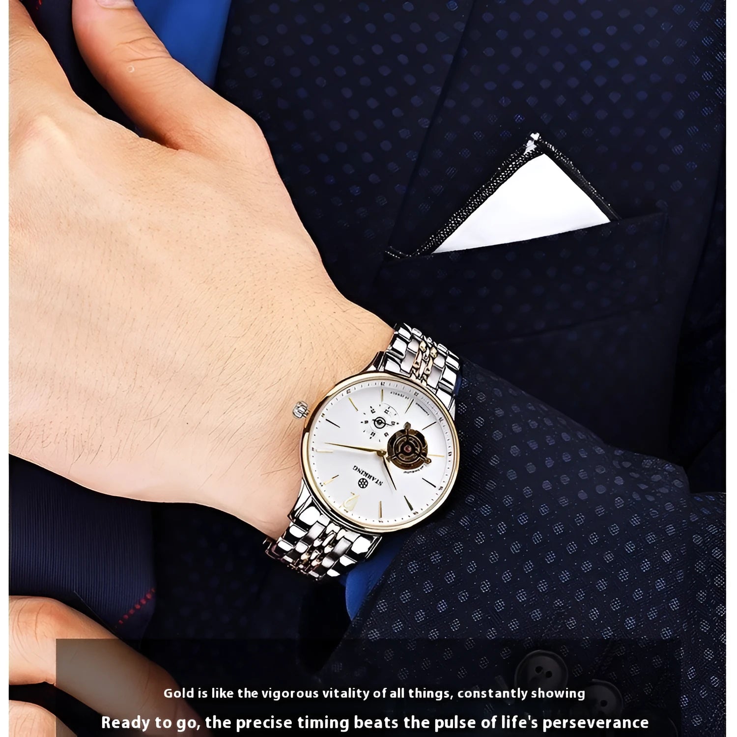 Automatic mechanical business men's watch with circular dial, sapphire crystal glass, and genuine leather strap
