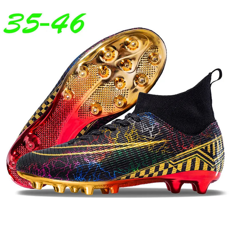 High-top soccer shoes with gold plated bottom, synthetic leather upper, in black colour, side view