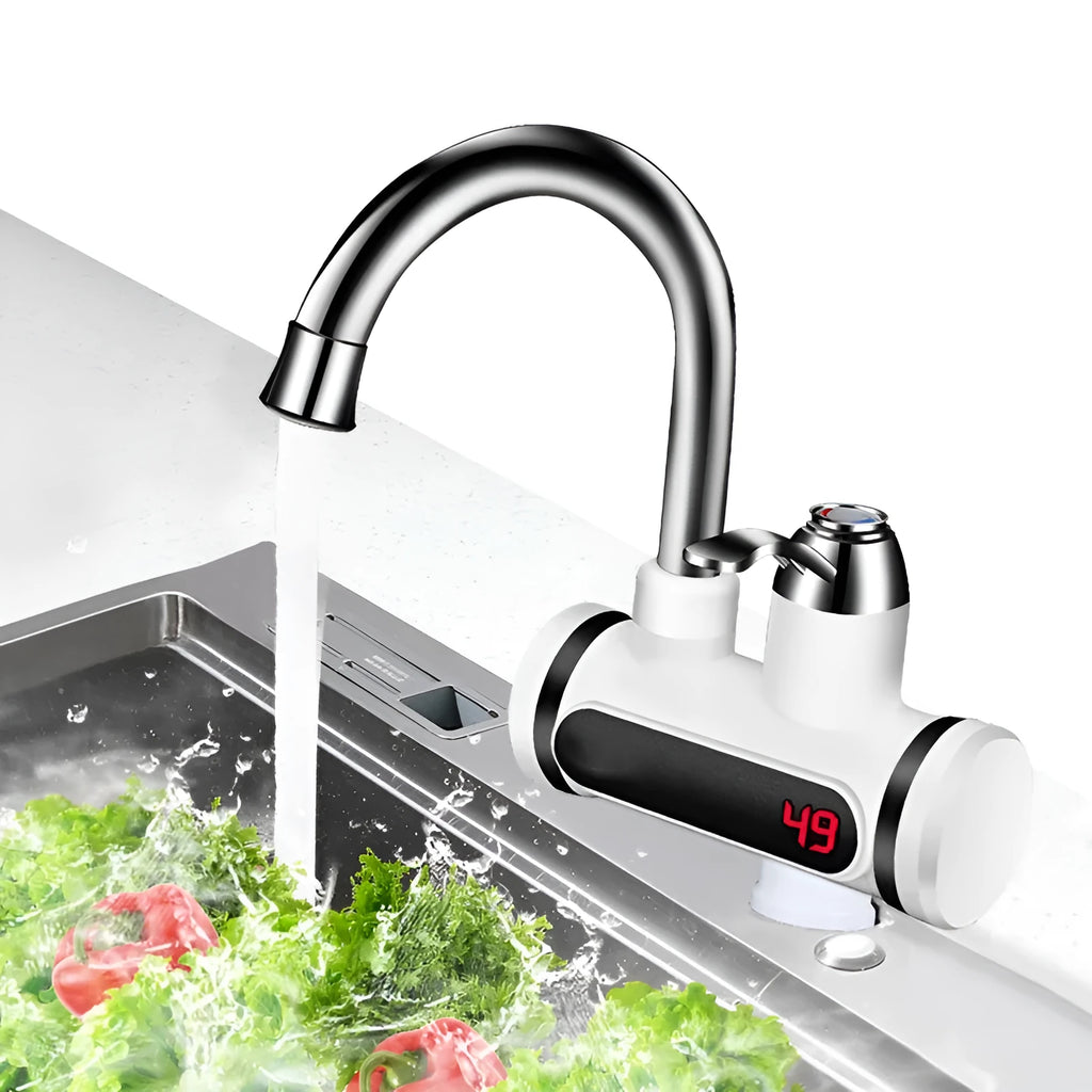 White electric water heater tap with digital temperature display showing temperature reading