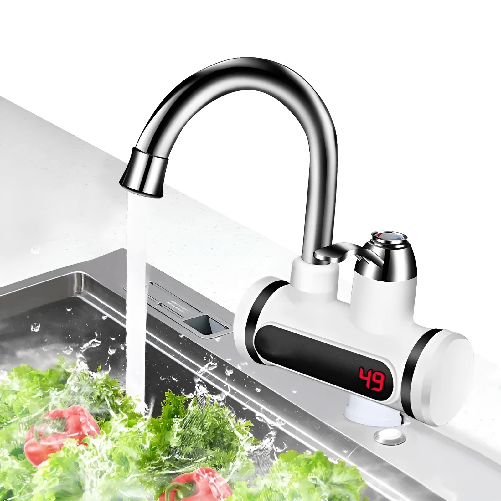 White electric water heater tap with digital temperature display showing temperature reading