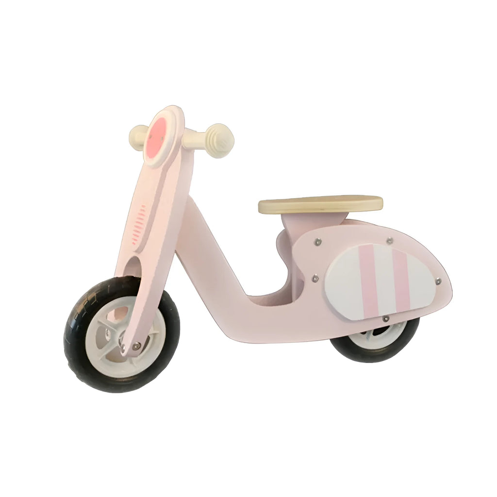 Pink wooden balance scooter for toddlers aged 1-6 years, 10 inches in size.