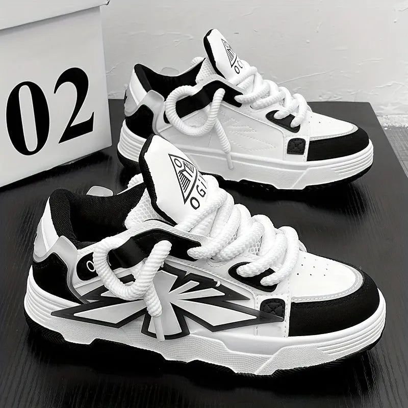 Men's white chunky Harajuku-style sneakers with thick rubber sole and lace-up front.