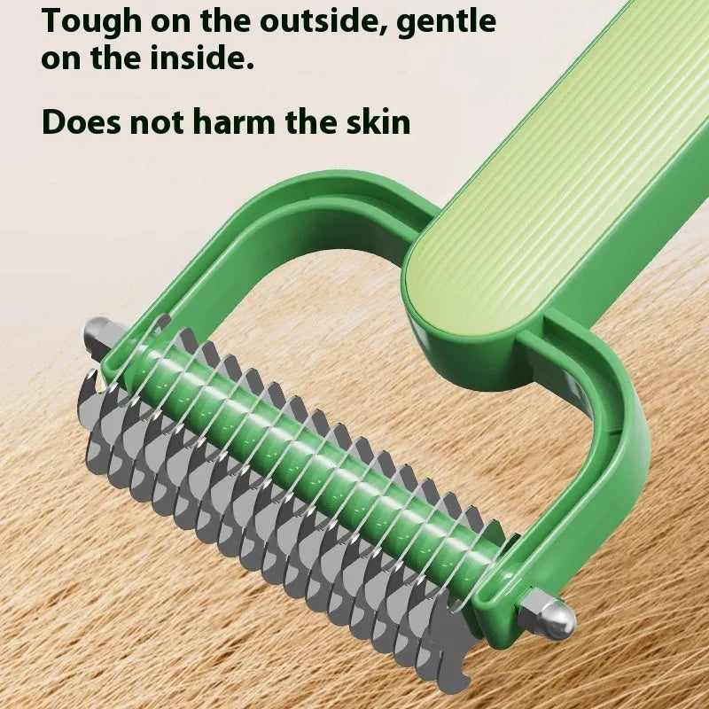 Green and grey dog unknotting combs with stainless steel teeth and plastic handles in small and large sizes.