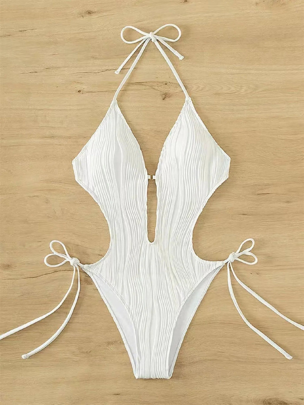Women's lace up triangle bikini one-piece swimsuit in solid colour with adjustable front tie