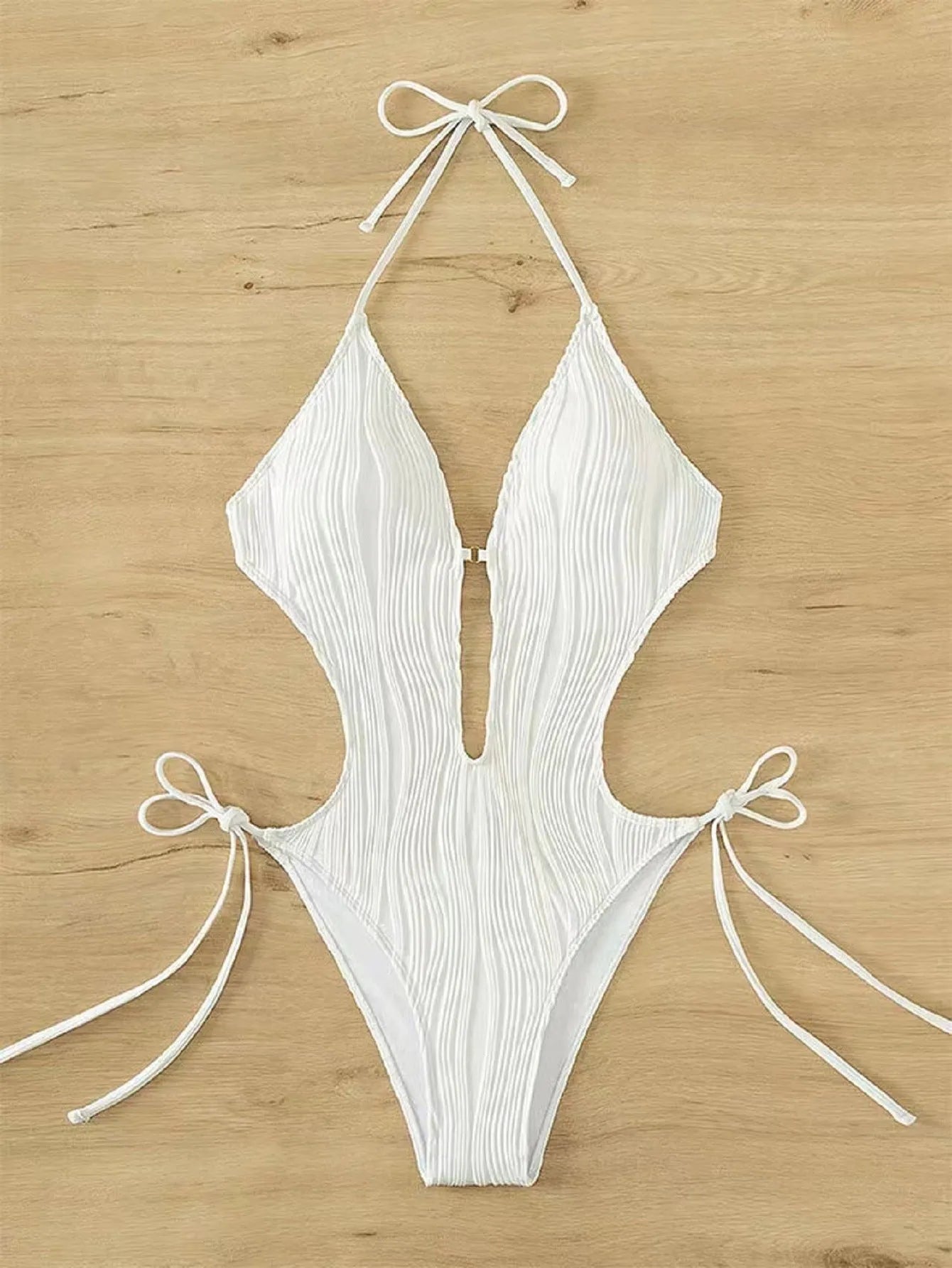 Women's lace up triangle bikini one-piece swimsuit in solid colour with adjustable front tie