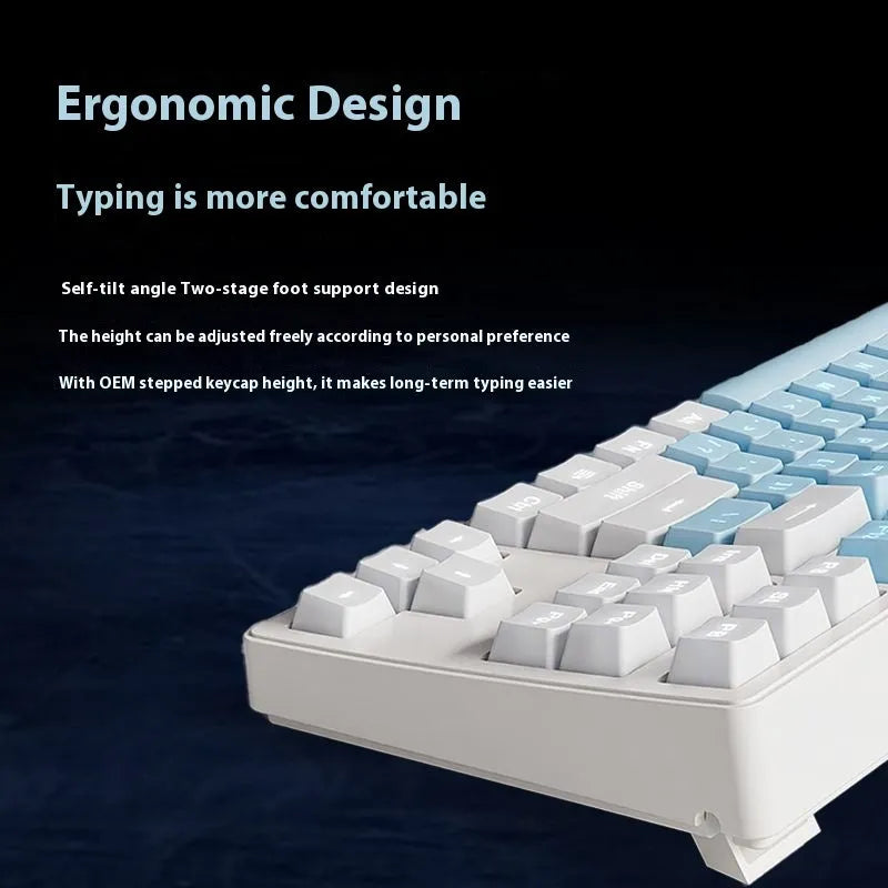 Office Game wireless mechanical keyboard showing three connectivity modes and available colour options