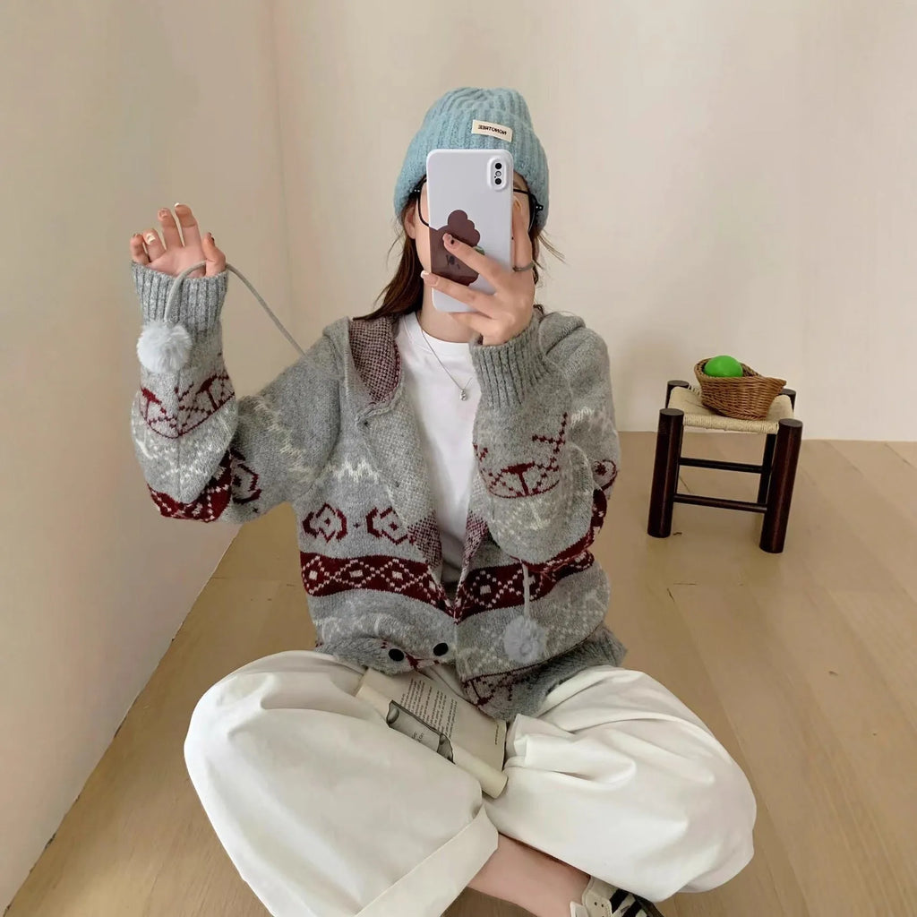 Plus size women's loose fit geometric brocade sweater coat in acrylic, colour options Milky White and Grey.