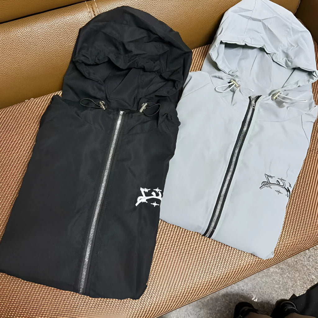 Men's grey hooded sunscreen jacket with British-style loose fit