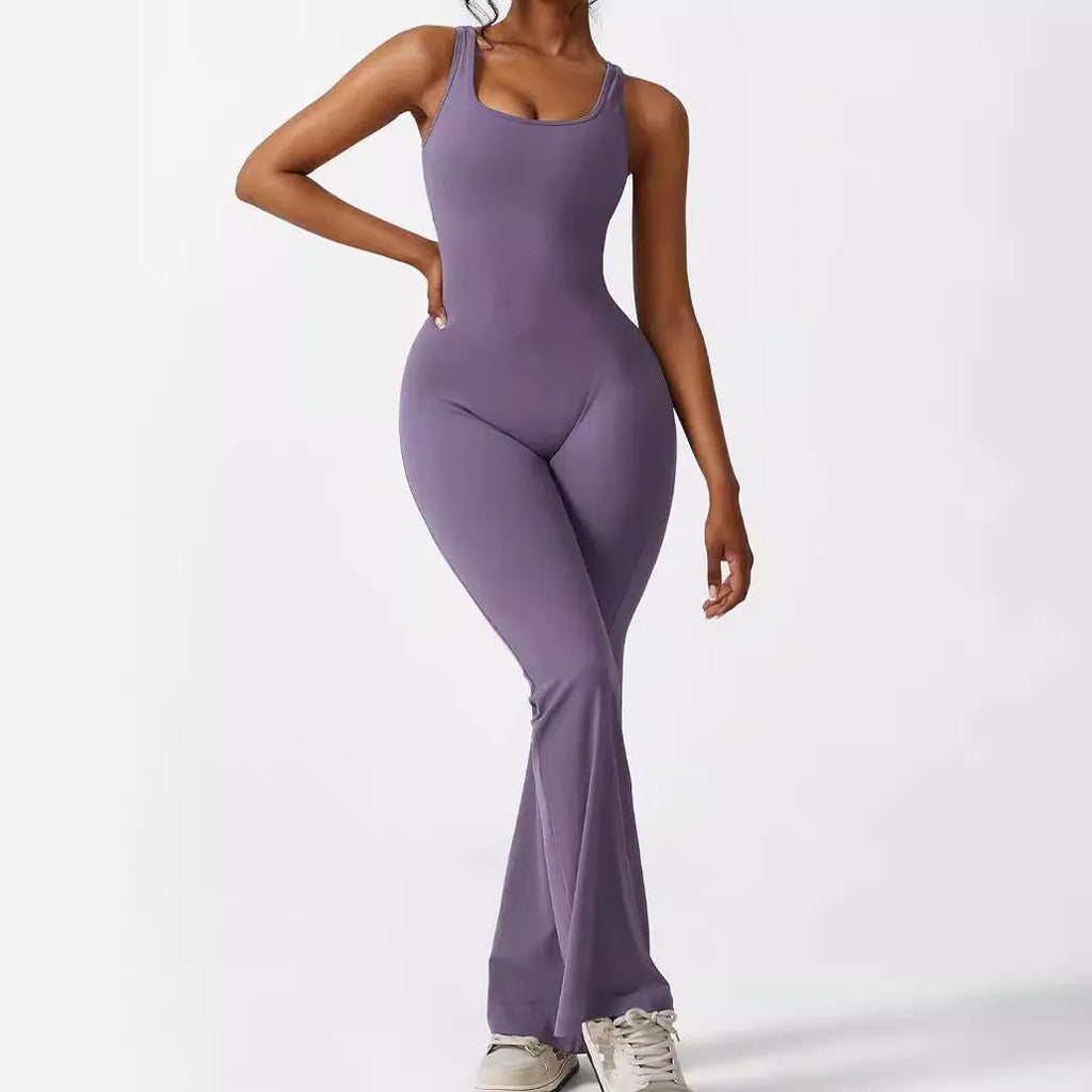 Women's sleeveless flare jumpsuit for yoga in polyester with high elasticity and fashionable waist
