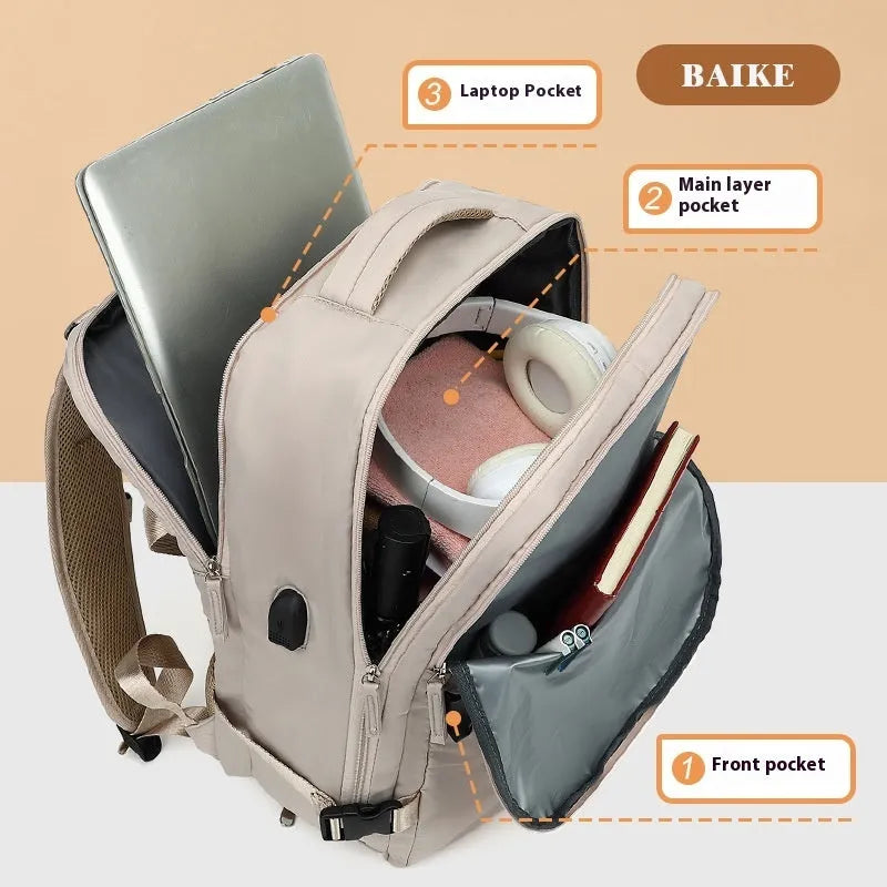 Front view of large capacity waterproof Oxford cloth backpack in solid colour with curved shoulder strap