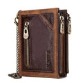 Men's anti-theft RFID blocking genuine leather wallet in dark brown with chain detail