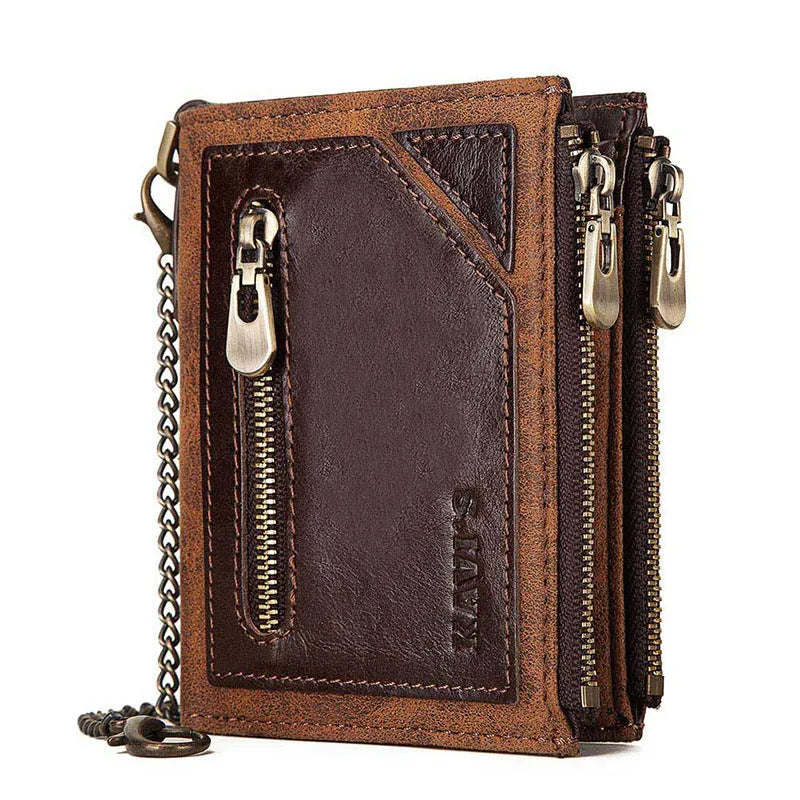 Men's anti-theft RFID blocking genuine leather wallet in dark brown with chain detail