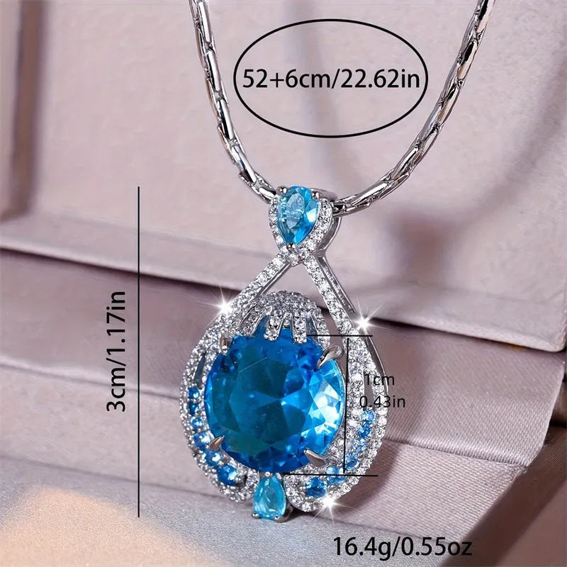 Blue geometric women's necklace with fireworks cut pendant on water wave chain
