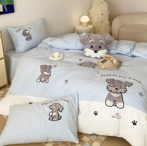 Cute cartoon Schnauzer dog pattern on a thickened cotton bedding set with embroidery.