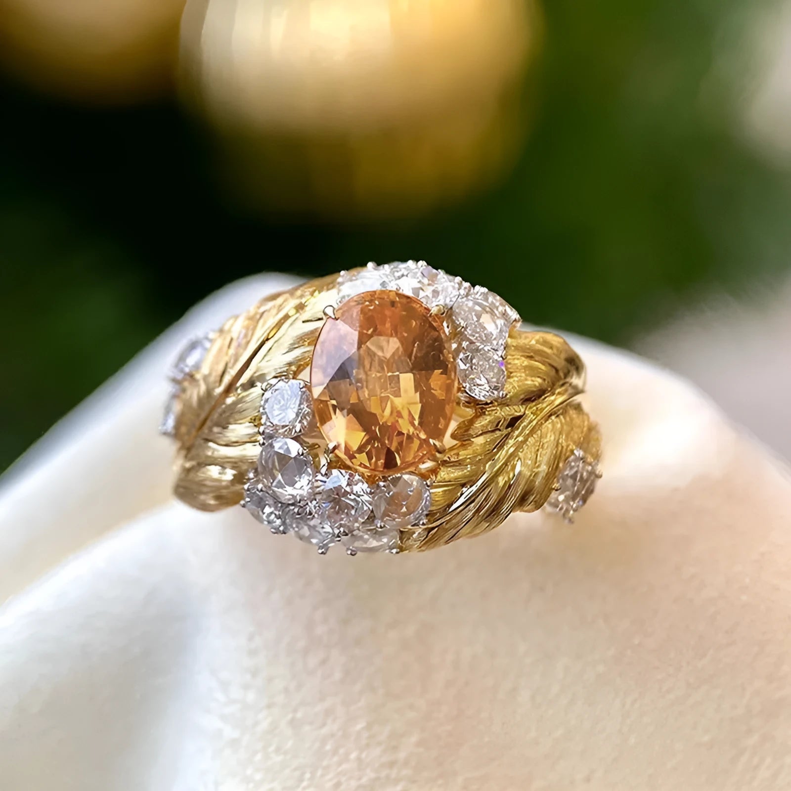 Women's gold-coloured copper ring with embossed feather pattern and yellow zircon stone in geometric setting