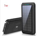 Qi wireless solar power bank with 3 USB outputs and LED flashlight in black plastic shell