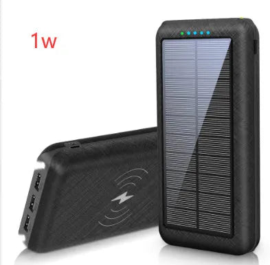 Qi wireless solar power bank with 3 USB outputs and LED flashlight in black plastic shell