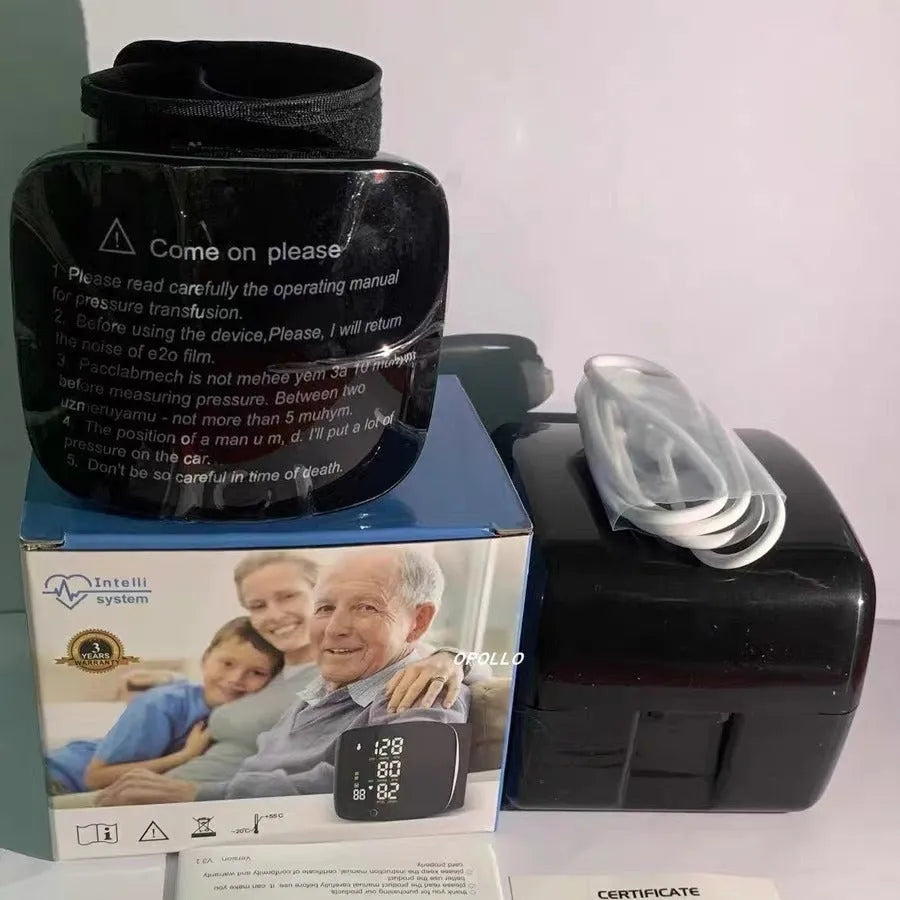 Black wrist blood pressure monitor with USB charging port and multi-language voice guidance options