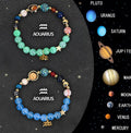 Twelve natural stone beaded bracelets showing different zodiac signs with adjustable metal clasps