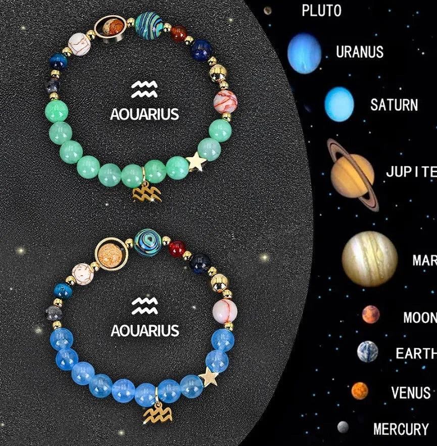 Twelve natural stone beaded bracelets showing different zodiac signs with adjustable metal clasps