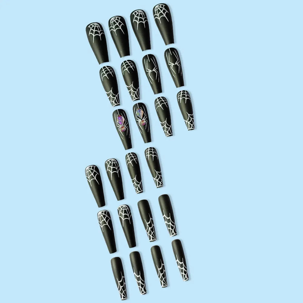 Set of 24 dark spider nail art pieces with glue, long length, sweet and cool INS style cartoon pattern