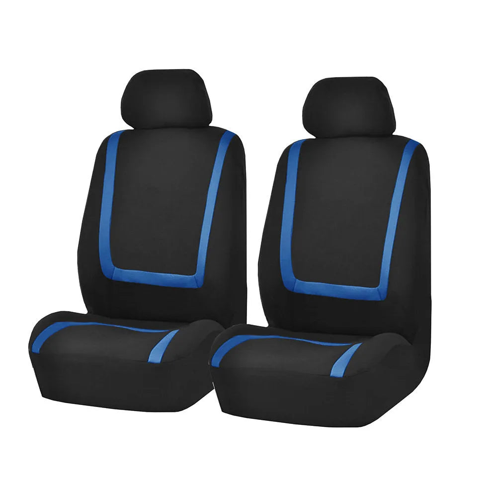Fully enclosed universal fabric car seat cover set showing front and rear seat protection.