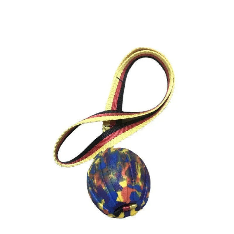EVA floating tetherball dog toy in camouflage and yellow colours showing three diameter sizes