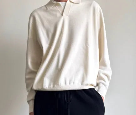 Men's pure wool polo sweater with lapel collar in loose fit, available in navy blue and milky white