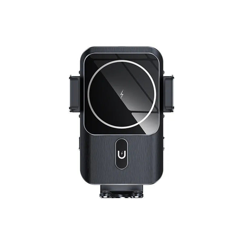 Black car wireless charger phone holder with 15W fast charging suction cup and clip mounts
