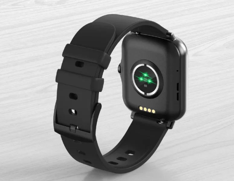 Smart watch with 1.7-inch colour touchscreen on adjustable strap, showing fitness stats interface.