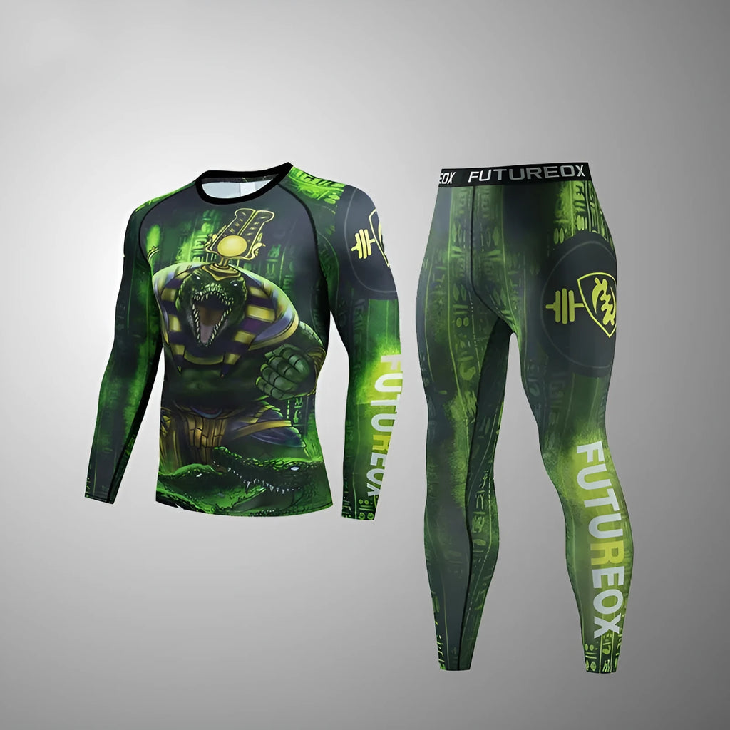Man wearing a slim fit, long-sleeve ZF016 printed sports suit for running and fitness activities.