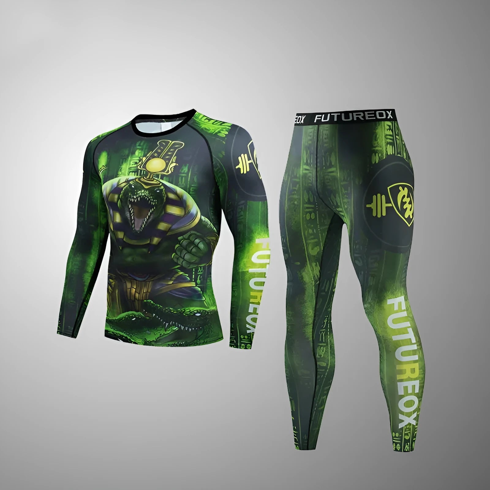 Man wearing a slim fit, long-sleeve ZF016 printed sports suit for running and fitness activities.