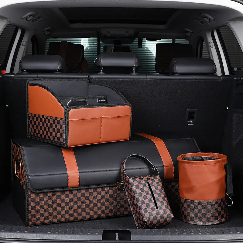 Brown leather retractable car rubbish bin with handle in expanded position