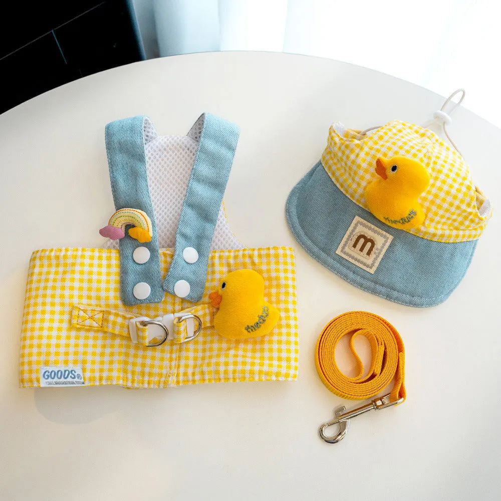Pet harness and leash set with three-piece cat clothes outfit including hat