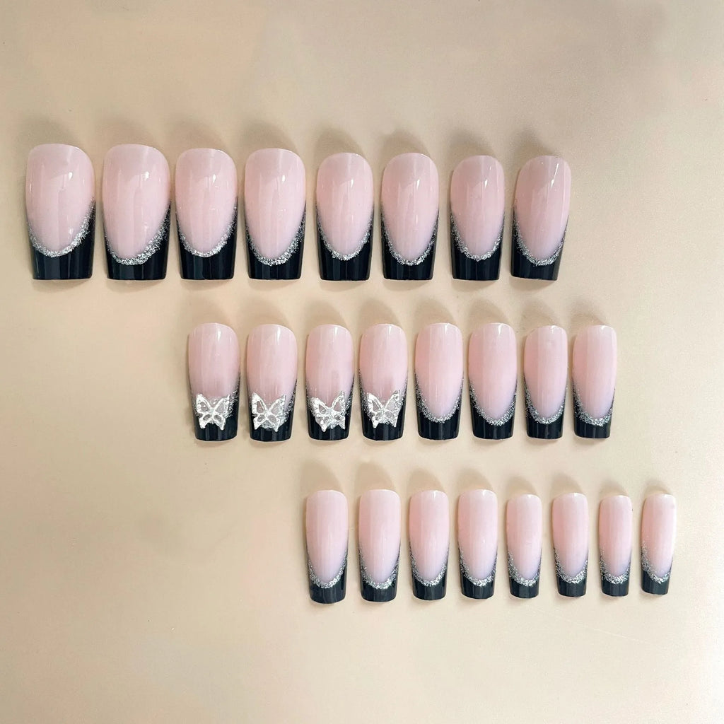Black French style wear armour nail art kit with glittering butterfly pattern and flashing design elements