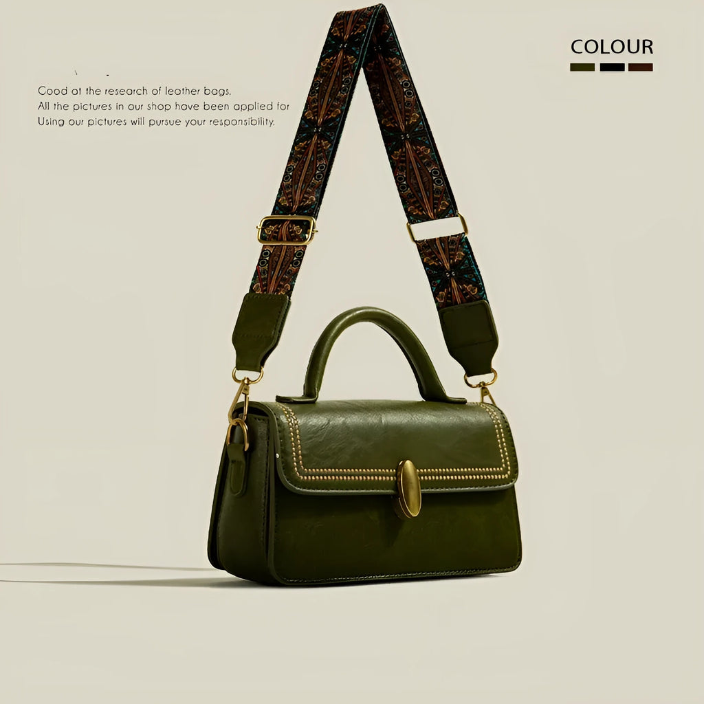 Brown retro messenger bag with sewing thread detailing showing mobile phone compartment and sandwich pockets