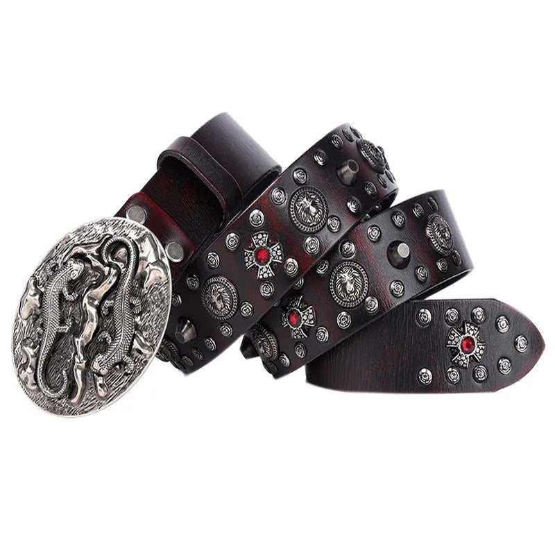 Men's black genuine leather belt with silver rivet details and an alloy smooth buckle fastener.
