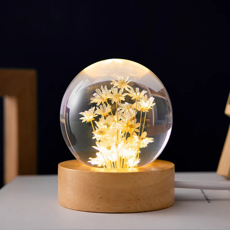 60mm dandelion crystal ball night light with beech wood base and preserved flowers inside transparent resin sphere