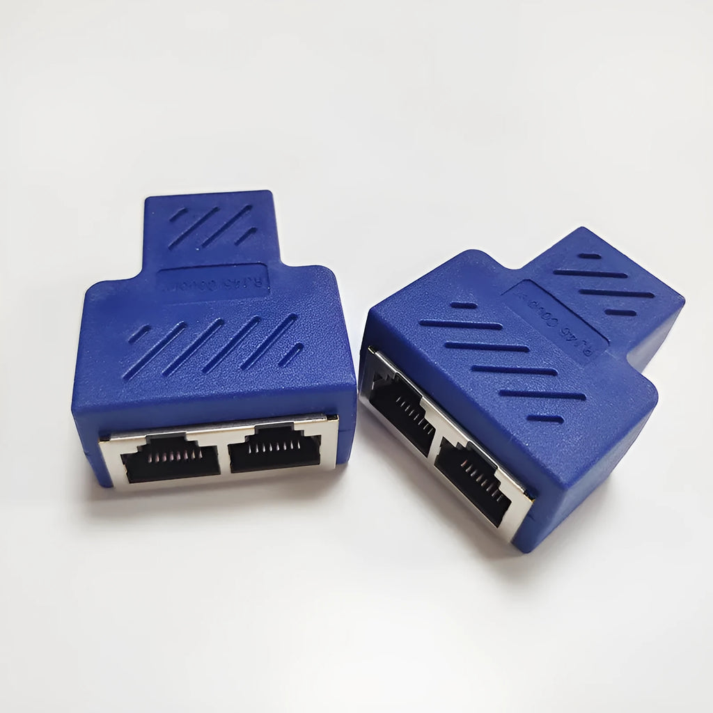 Two white RJ45 network cable splitter adapters showing one input and two output ports.