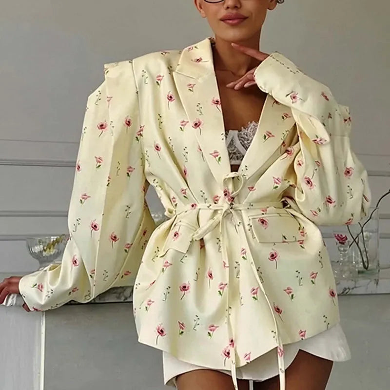 Women's collar lace-up waist-tight suit jacket in a floral print and solid colours.
