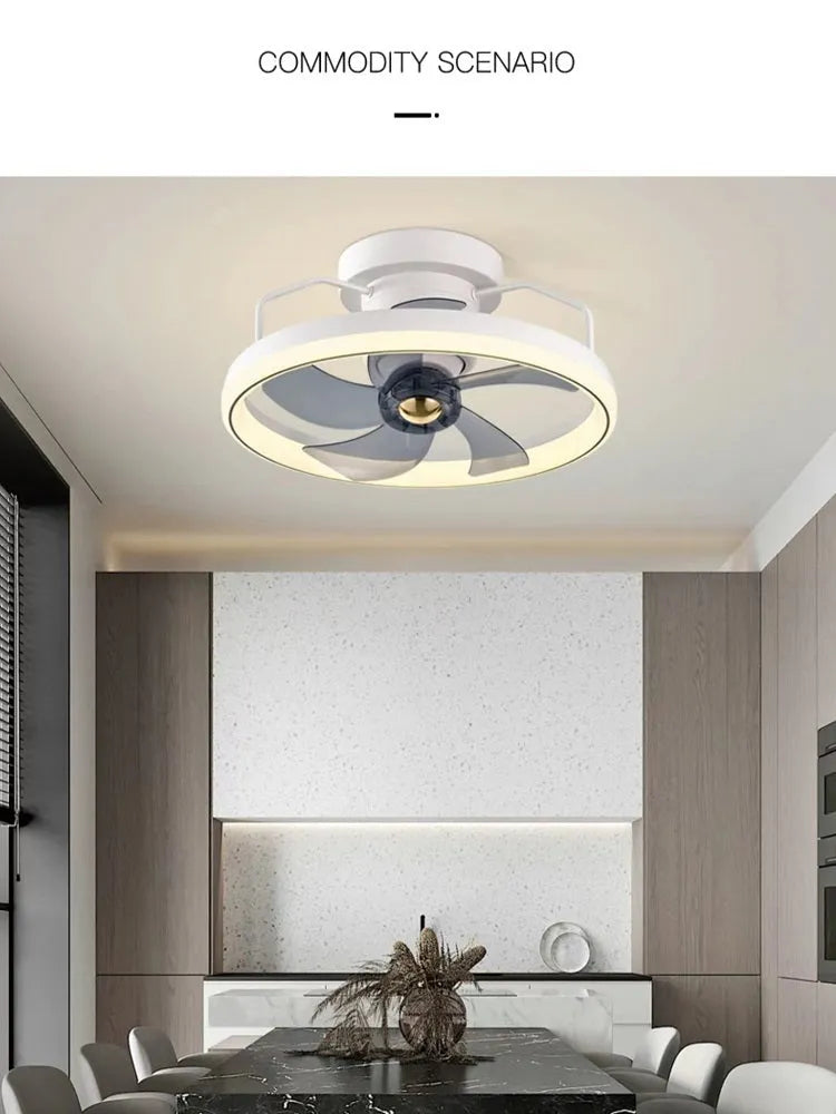 Modern white ceiling fan lamp with integrated light and five blades, shown installed on a ceiling.